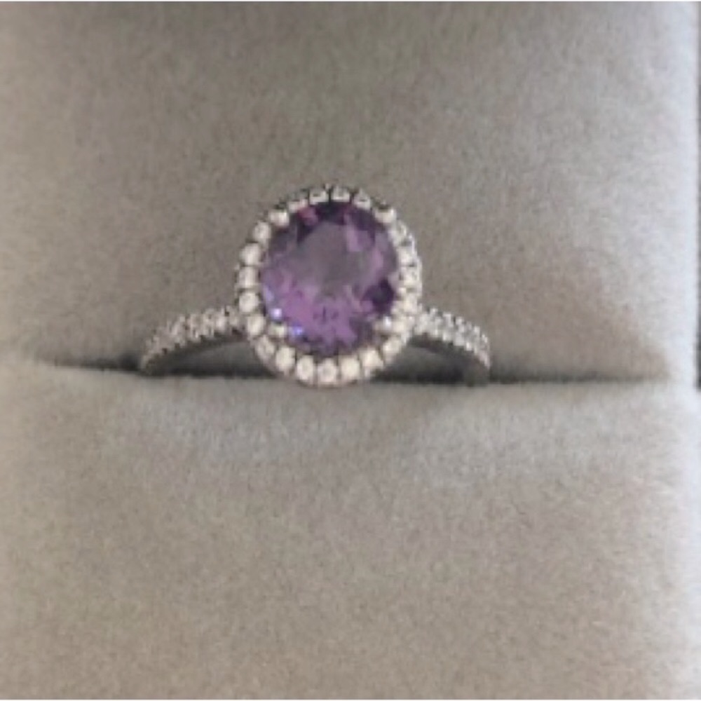February birthstone ring lavender faux halo amethyst sterling silver